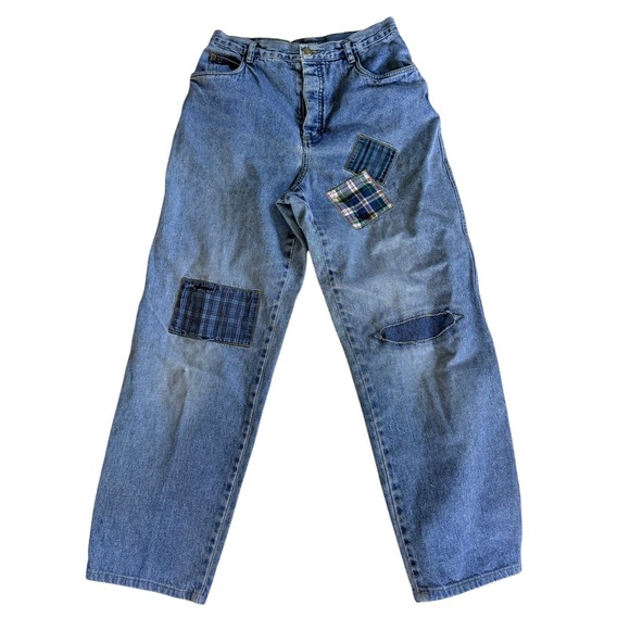 lizwear Denim - Lizwear Vintage 90s Patchwork Mom Jeans 12 Blue Cotton Plaid Distressed Boho